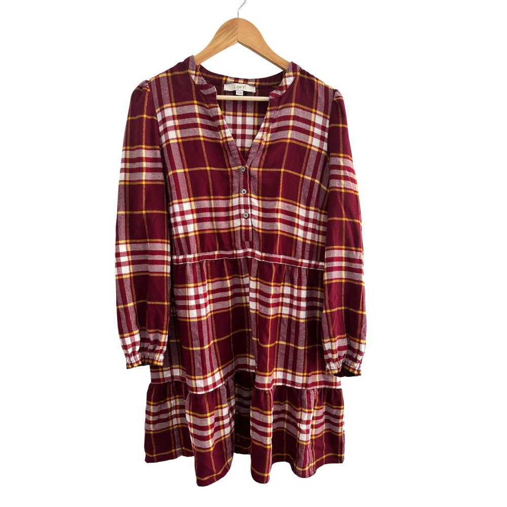 LOFT Flannel Babydoll Tiered Mini Dress Medium Red Yellow Tartan Plaid Medium